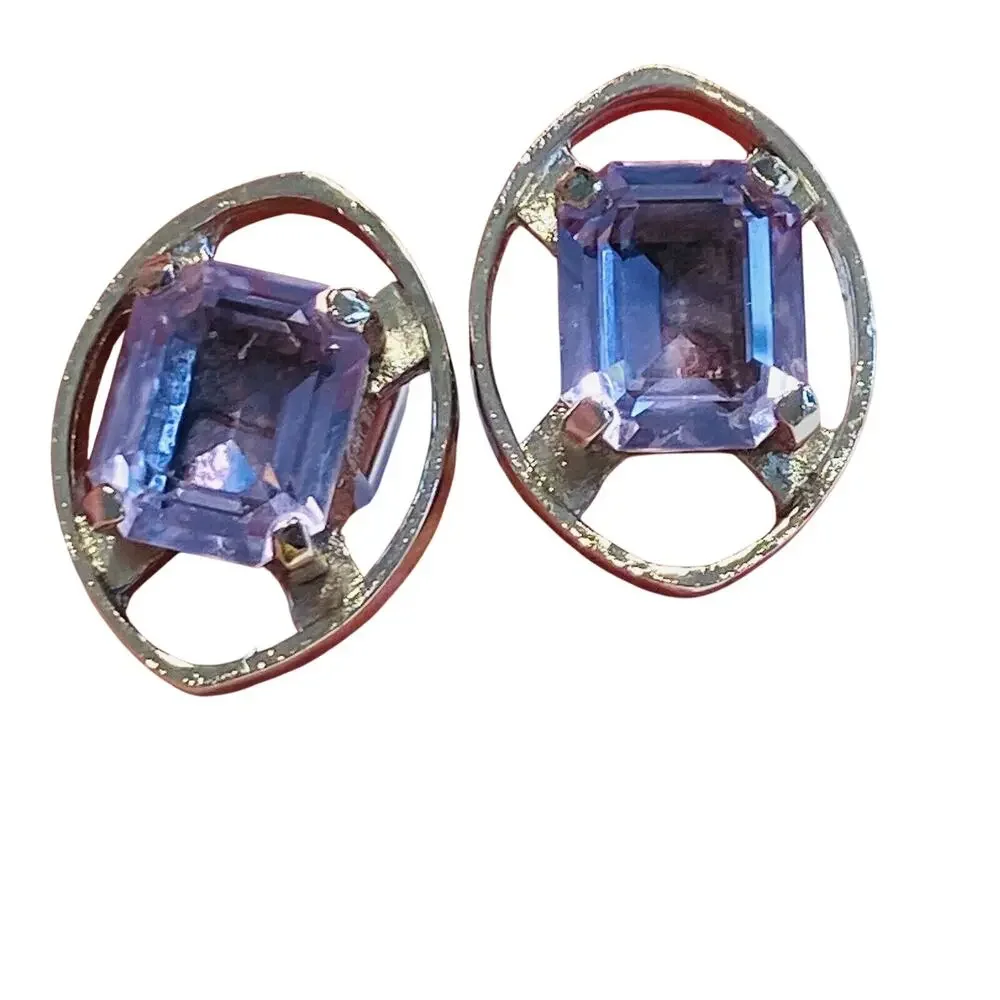 Vintage Y2K Cufflinks Silvertone Settings & Chunky Lavender Purple Rhinestones